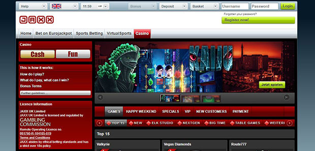 The front page of Jaxx Casino